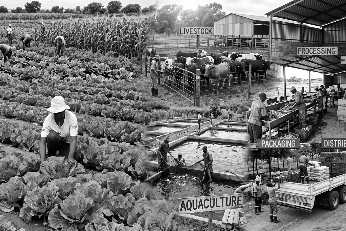 Evergreen Farms operations: crop fields, livestock, aquaculture ponds, processing, packaging and distribution