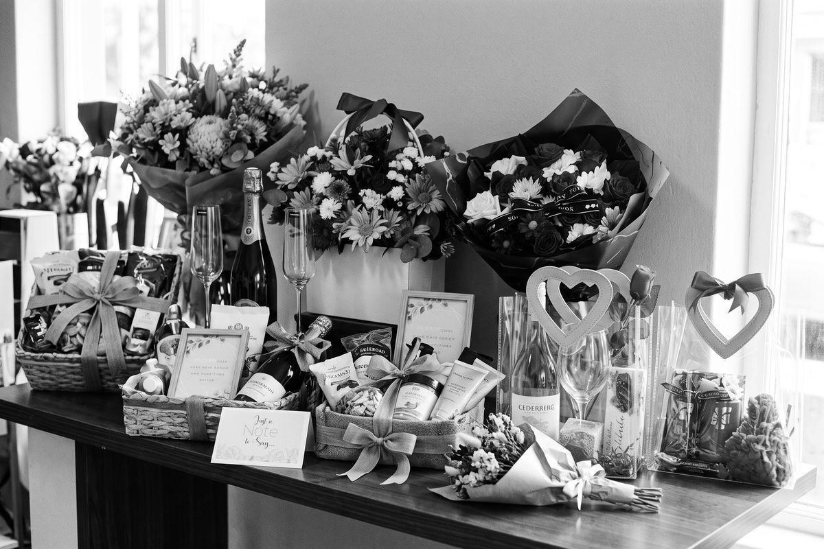 Kara Booms gift hampers, bouquets and gift sets arranged on a table