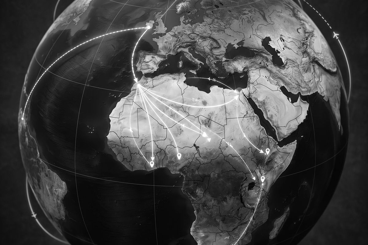 A globe with routes from Europe into markets across Africa