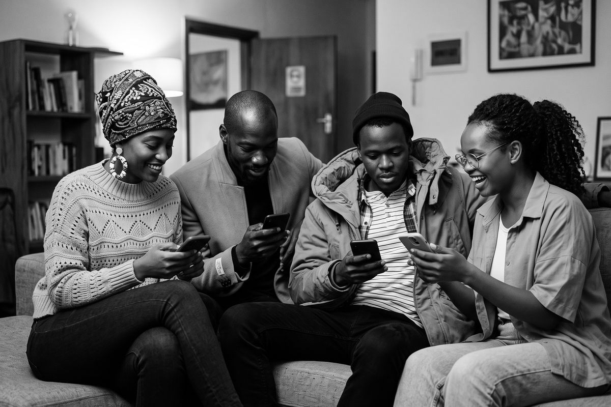 Four friends smiling at their mobile phones