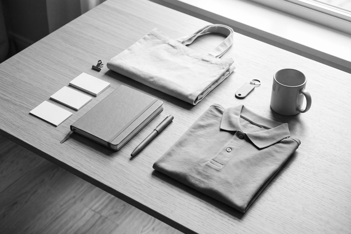 Unbranded business cards, notebook, tote bag, polo shirt and mug laid out on a desk