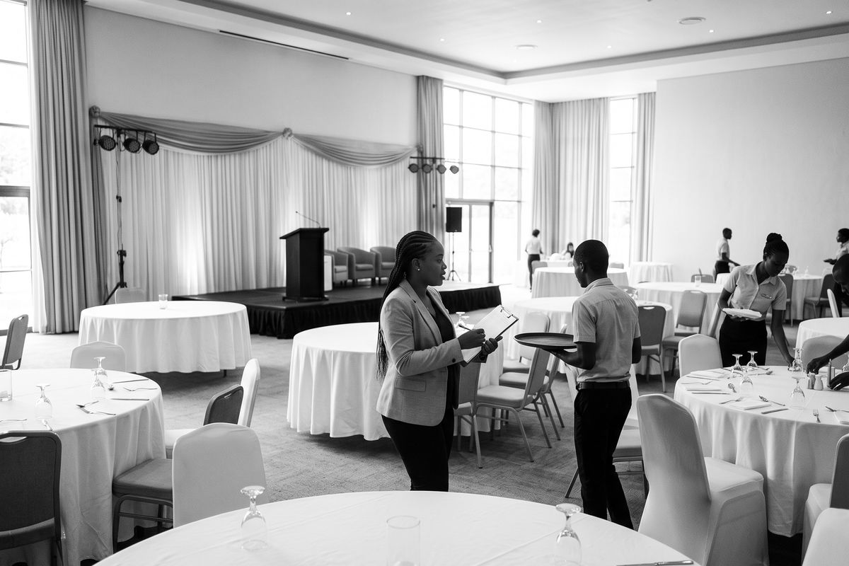 An event coordinator with a clipboard briefing staff in a banquet hall