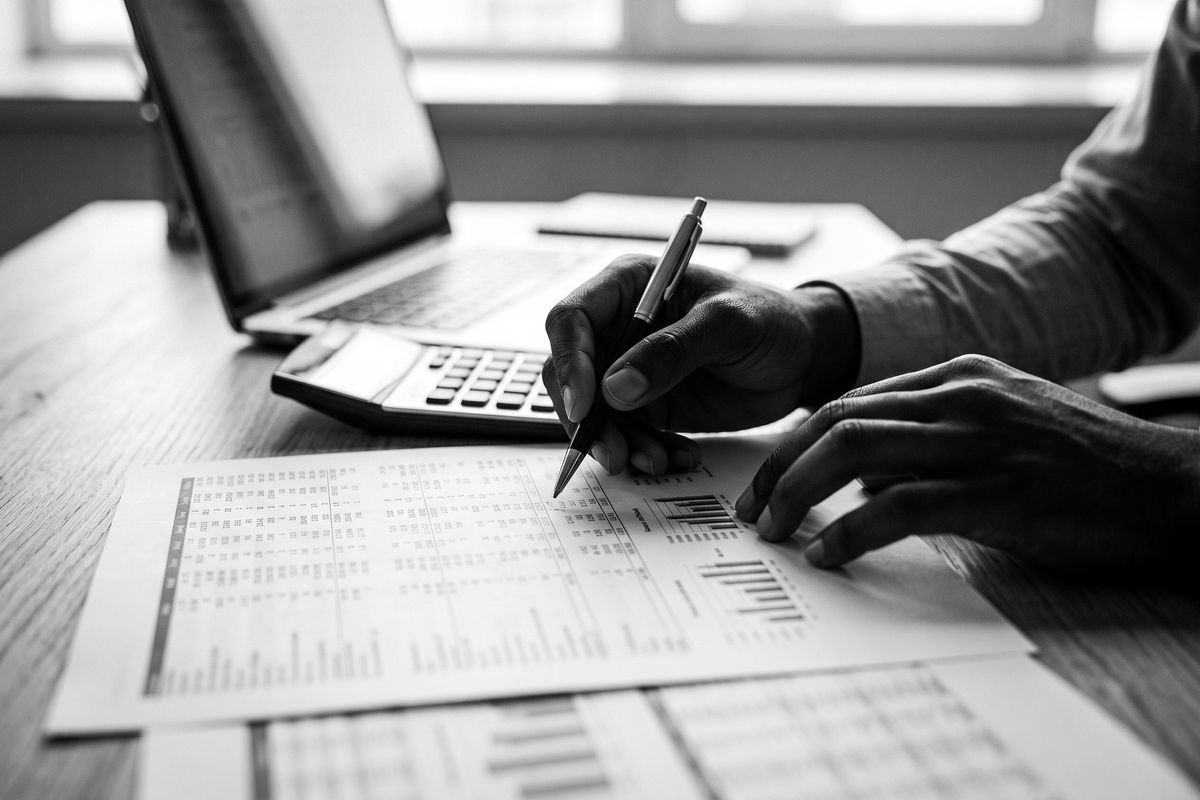 An analyst reviewing printed financial reports with a pen and calculator