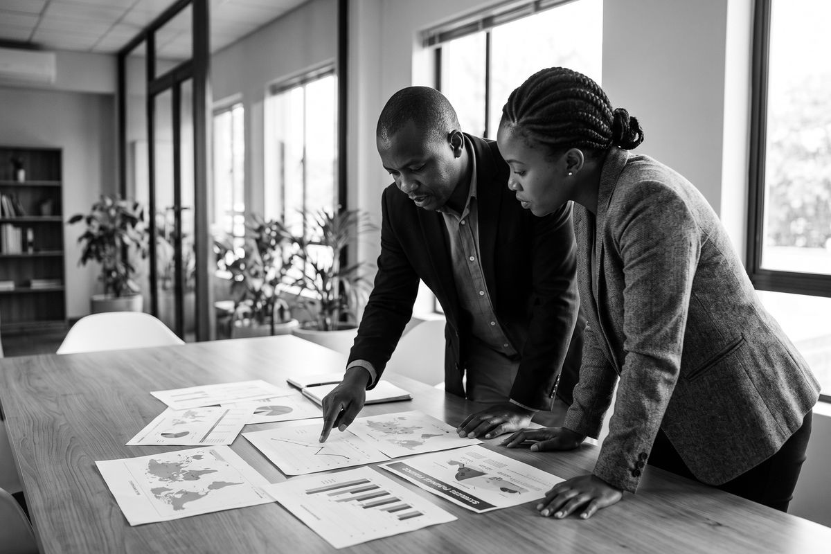 Two consultants reviewing strategy charts at a meeting table