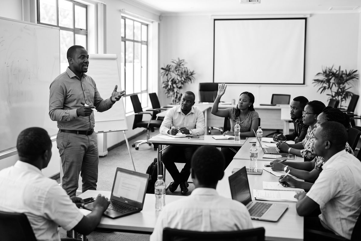 A facilitator leading a workshop for a group of professionals